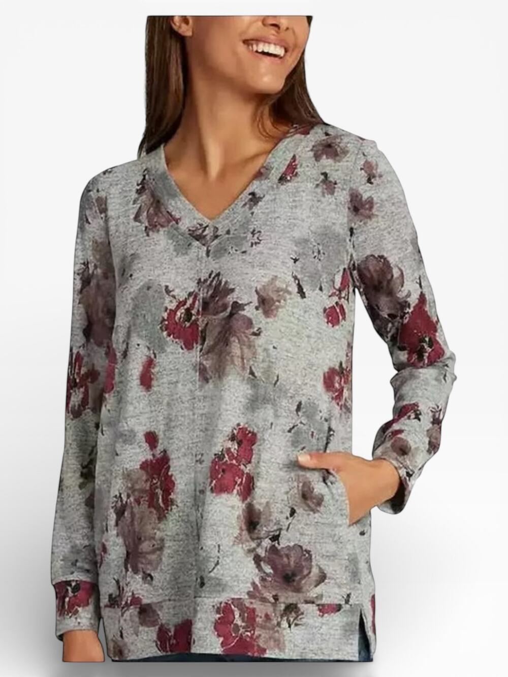 NWT Ellen Tracy Women’s Tunic Shirt – Romance Gray Floral Medium